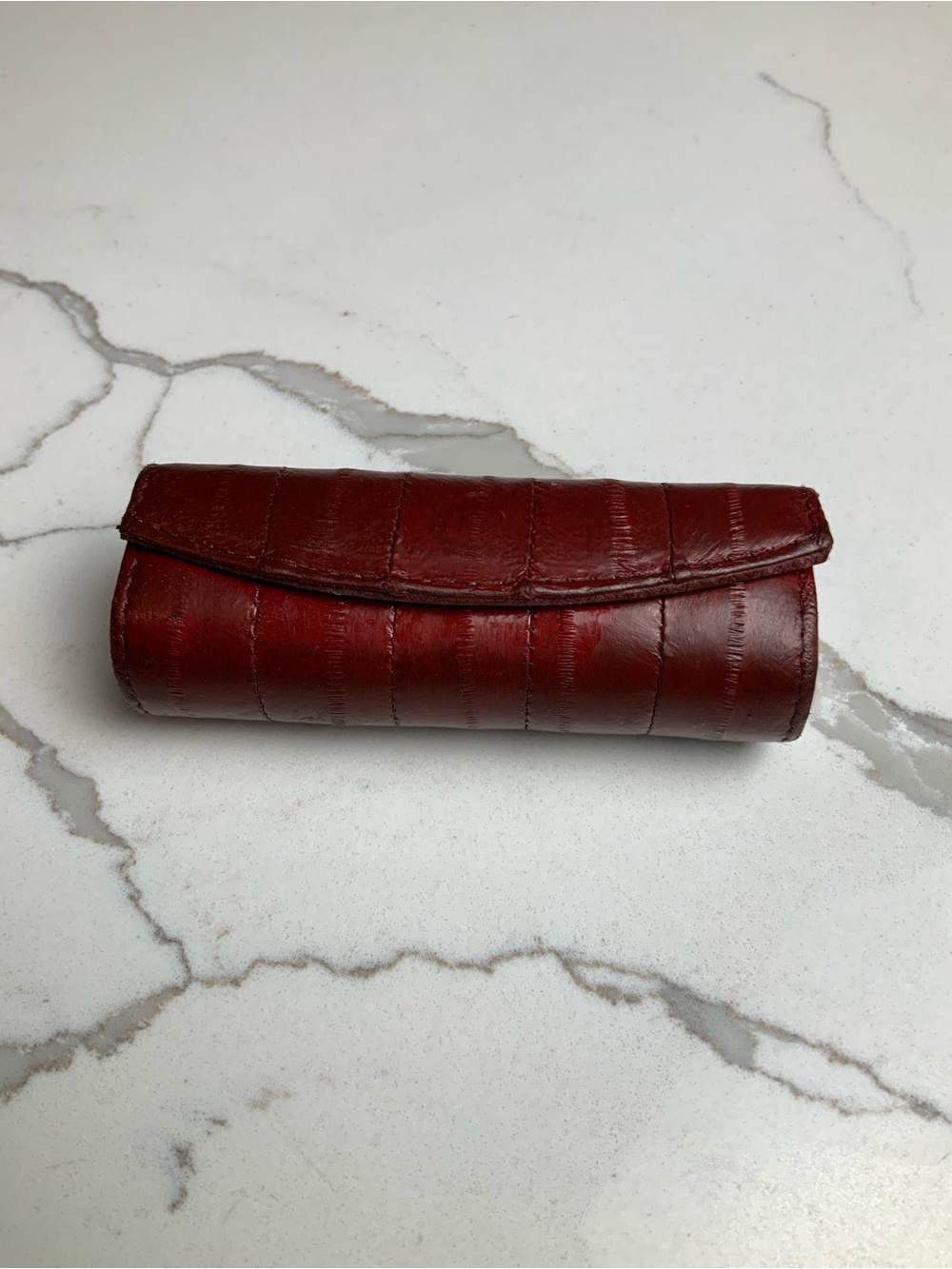 Vintage Genuine Burgundy Eel Skin Lipstick Case Holder with Mirror